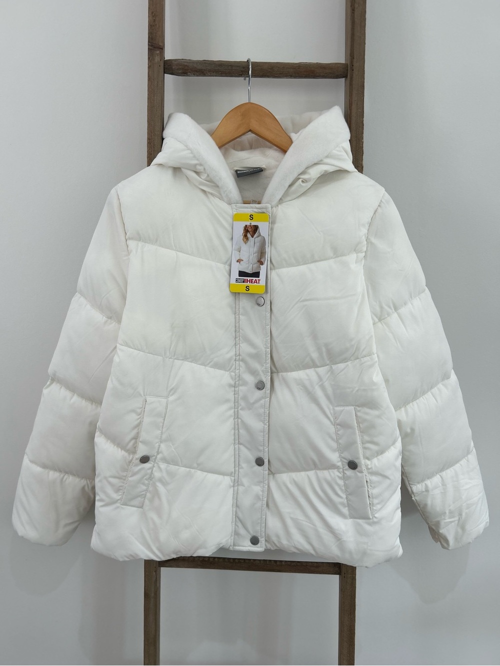 32 Degrees Heat White Plush Lined Hooded Puffer Quilted Jacket Women Size S NWT